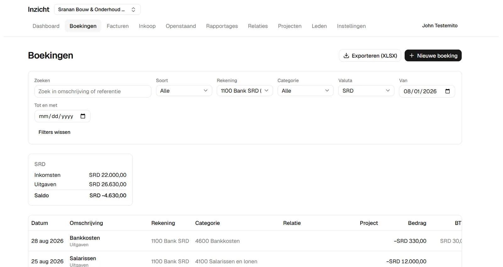 Boekingen filteren op rekening, categorie, valuta en periode, en exporteren naar Excel.